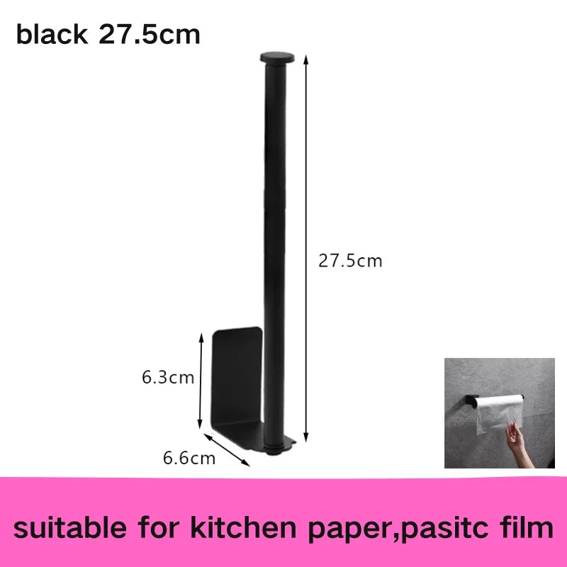 Stainless steel no-drill adhesive toilet paper holder mounted on bathroom wall, holding toilet paper roll and towel rack.