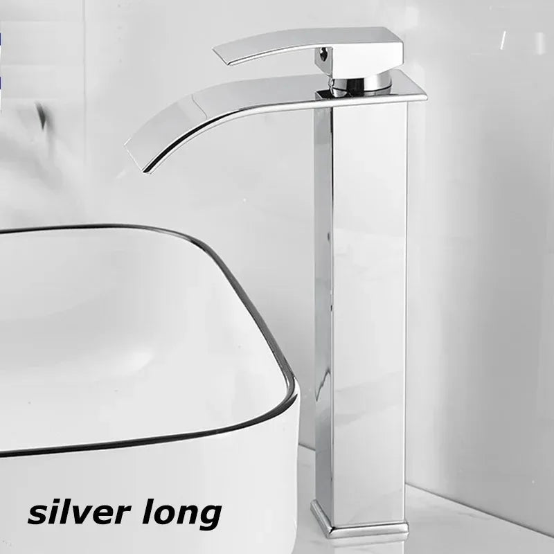 Stainless steel waterfall bathroom basin faucet with hot and cold deck-mounted high-low mixer tap, black finish, modern design.
