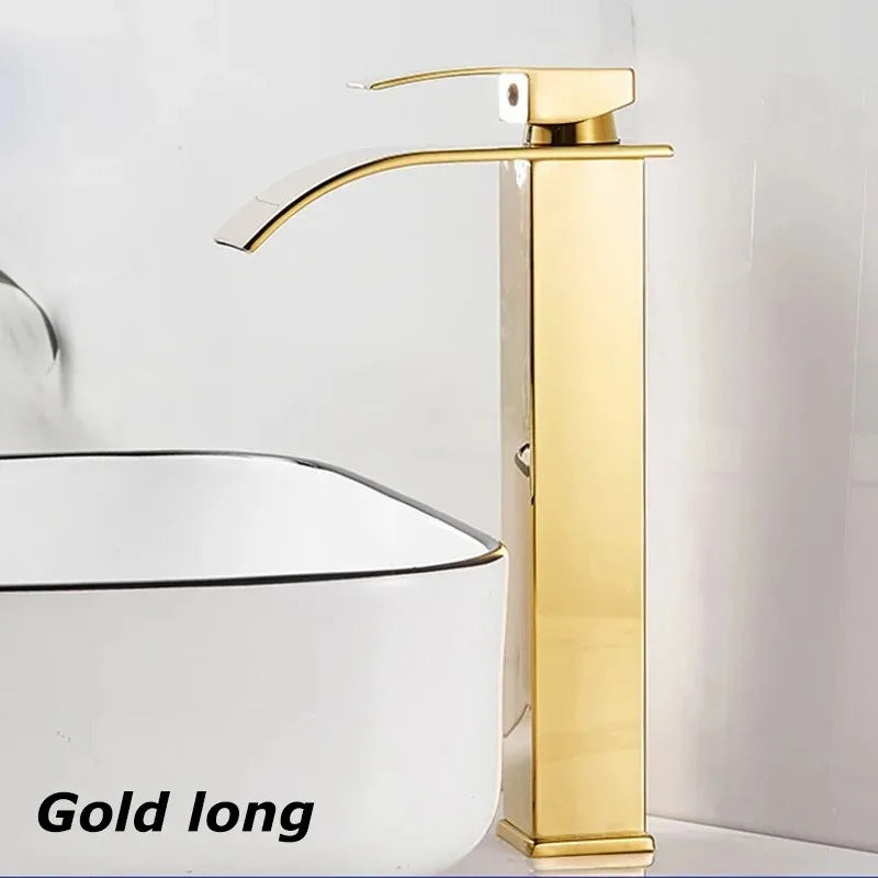 Black waterfall bathroom basin faucet by FanzyMarket, stainless steel deck-mounted high-low mixer tap with hot and cold water options.