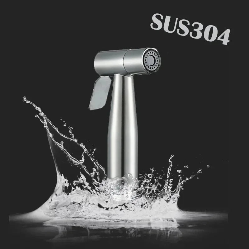 Stainless steel portable toilet spray gun by FanzyMarket, handheld bidet sprayer for bathroom and outdoor cleaning.