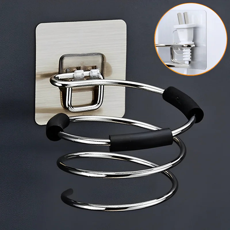 Yellow stainless steel wall-mounted hair dryer holder with spiral stand and adhesive backing, 12x10 cm, ideal for bathroom organization.