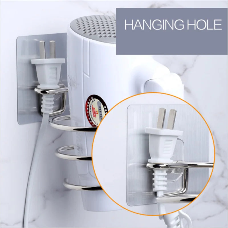 Yellow stainless steel wall-mounted hair dryer holder with spiral stand and nail-free adhesive, measuring 12x10 cm.