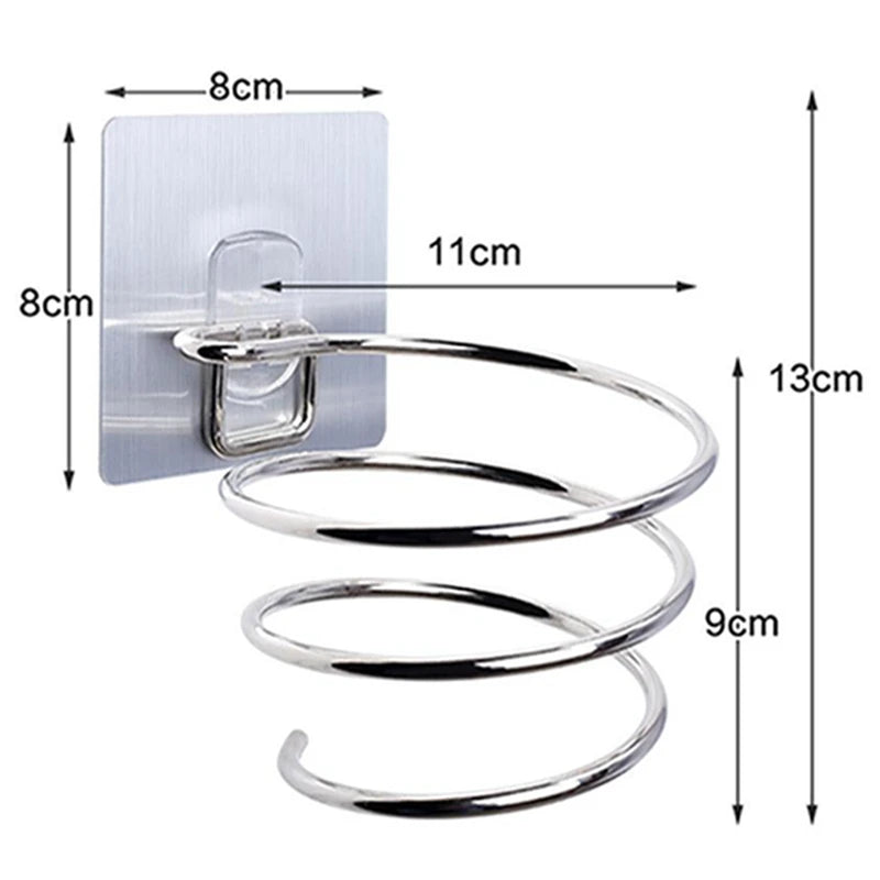 FanzyMarket stainless steel wall-mounted hair dryer holder with spiral stand, nail-free adhesive, 12x10 cm, suitable for bathroom organization.