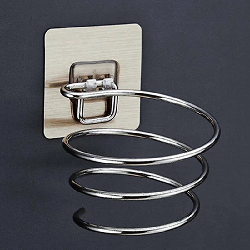 Yellow stainless steel wall-mounted hair dryer holder with spiral stand, nail-free adhesive, designed for bathroom organization.