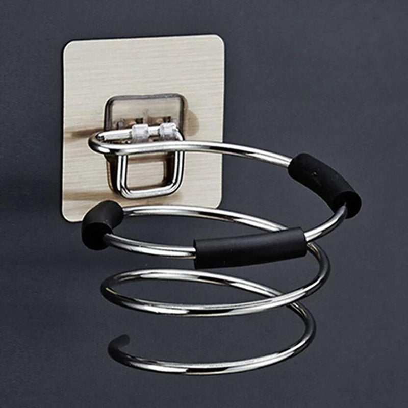 Yellow stainless steel wall-mounted hair dryer holder with spiral stand, nail-free adhesive, 12x10 cm, by FanzyMarket.