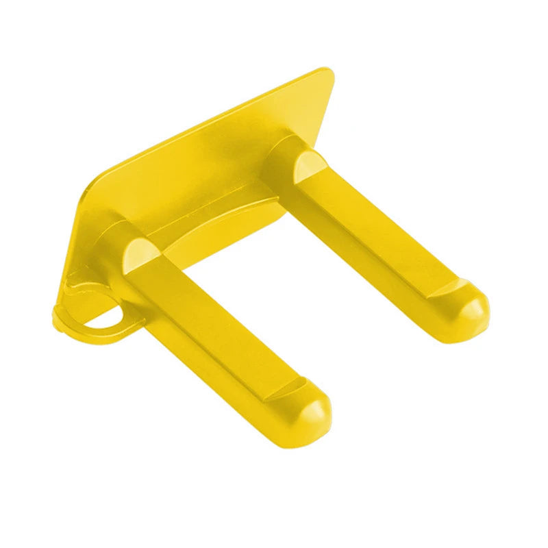 Yellow stainless steel wall-mounted hair dryer holder with spiral stand, nail-free adhesive, measuring 12x10 cm.