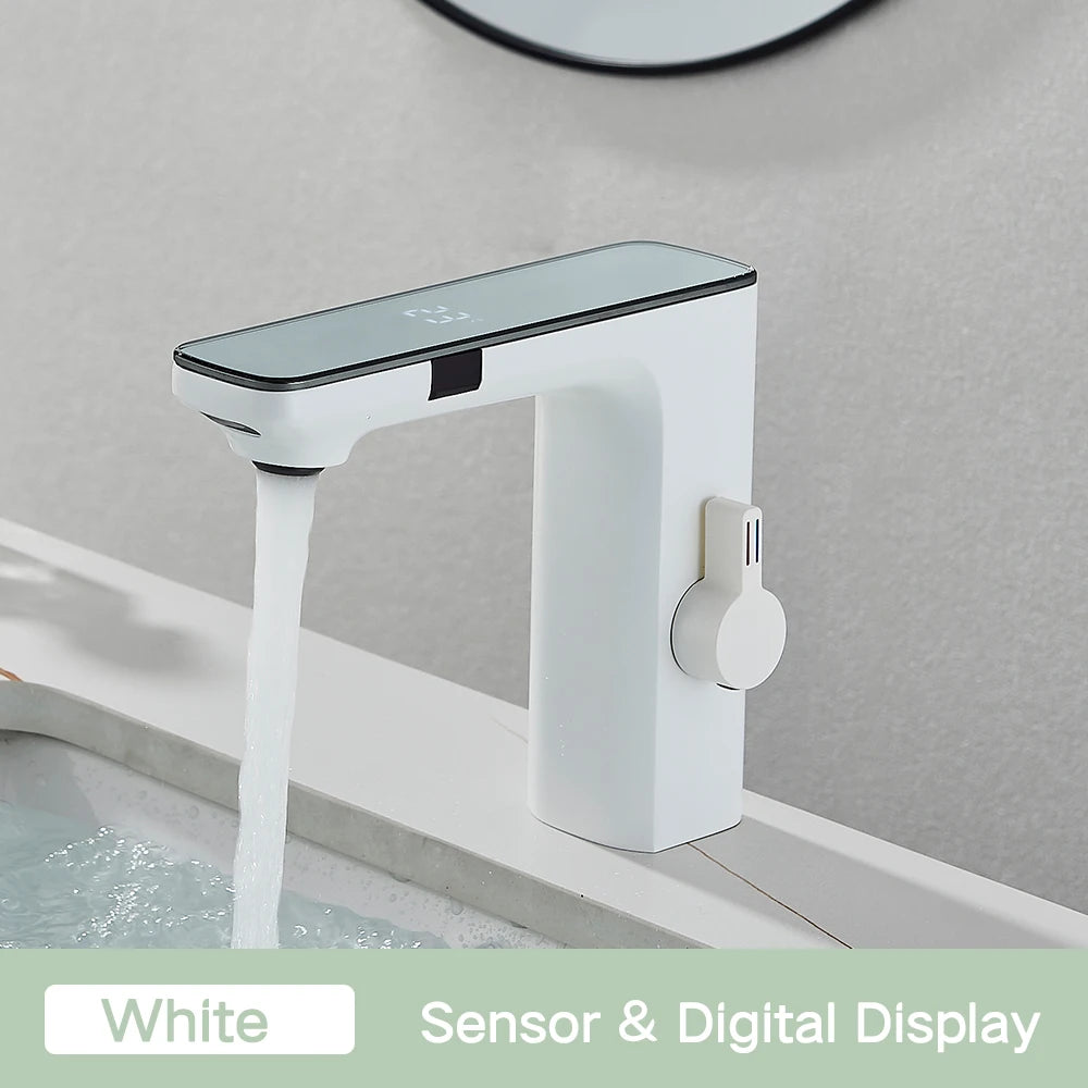 FanzyMarket touchless sensor basin faucet in brushed grey brass with digital display, single-hole single-handle bathroom sink mixer tap.