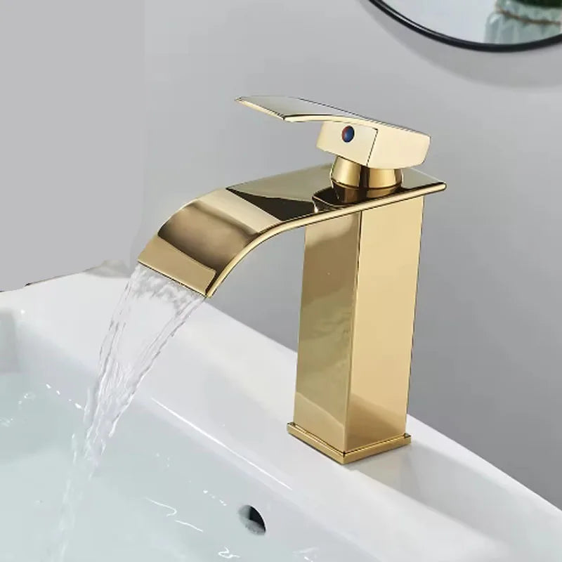 Brushed gold waterfall bathroom faucet by FanzyMarket, single lever deck-mount basin mixer with stainless steel ceramic valve.