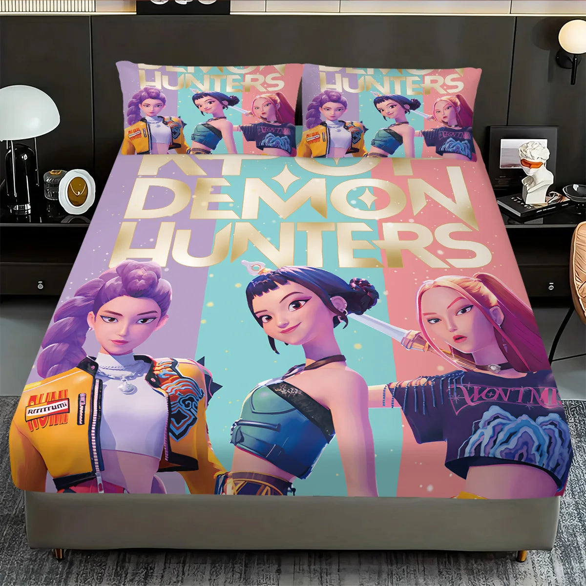 3-piece K-Pop Demon Hunters printed bedding set by FanzyMarket, polyester cotton, machine washable, multi-size, vibrant design for bedroom decor