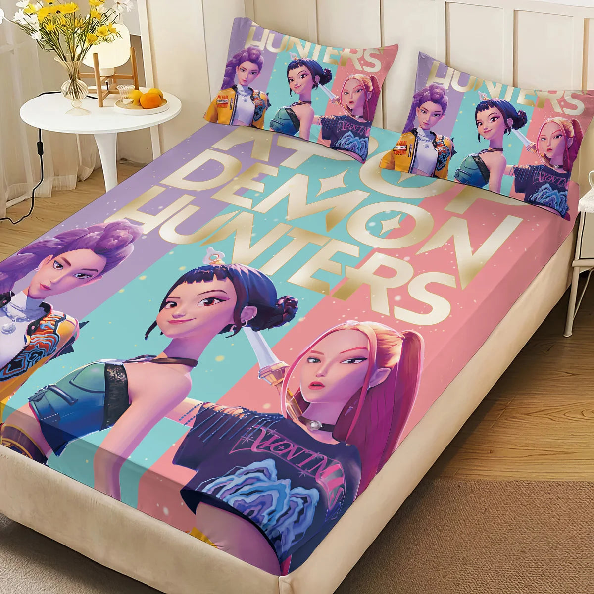 3-piece K-pop Demon Hunters printed bedding set by FanzyMarket, polyester cotton, machine washable, multi-size, colorful design for bedroom.