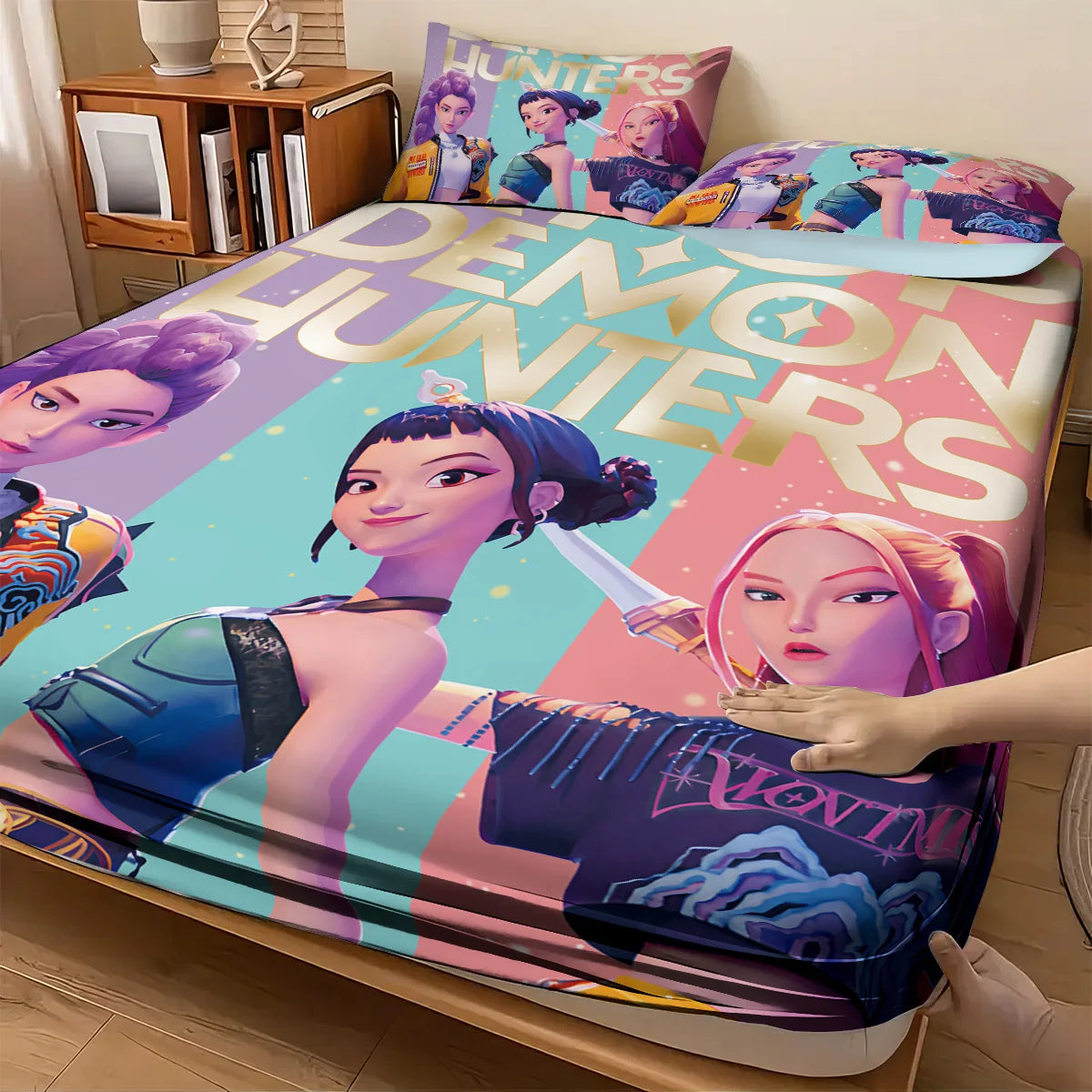 Three-piece K-Pop Demon Hunters printed bedding set by FanzyMarket, featuring polyester cotton fabric, machine washable, in multiple sizes.