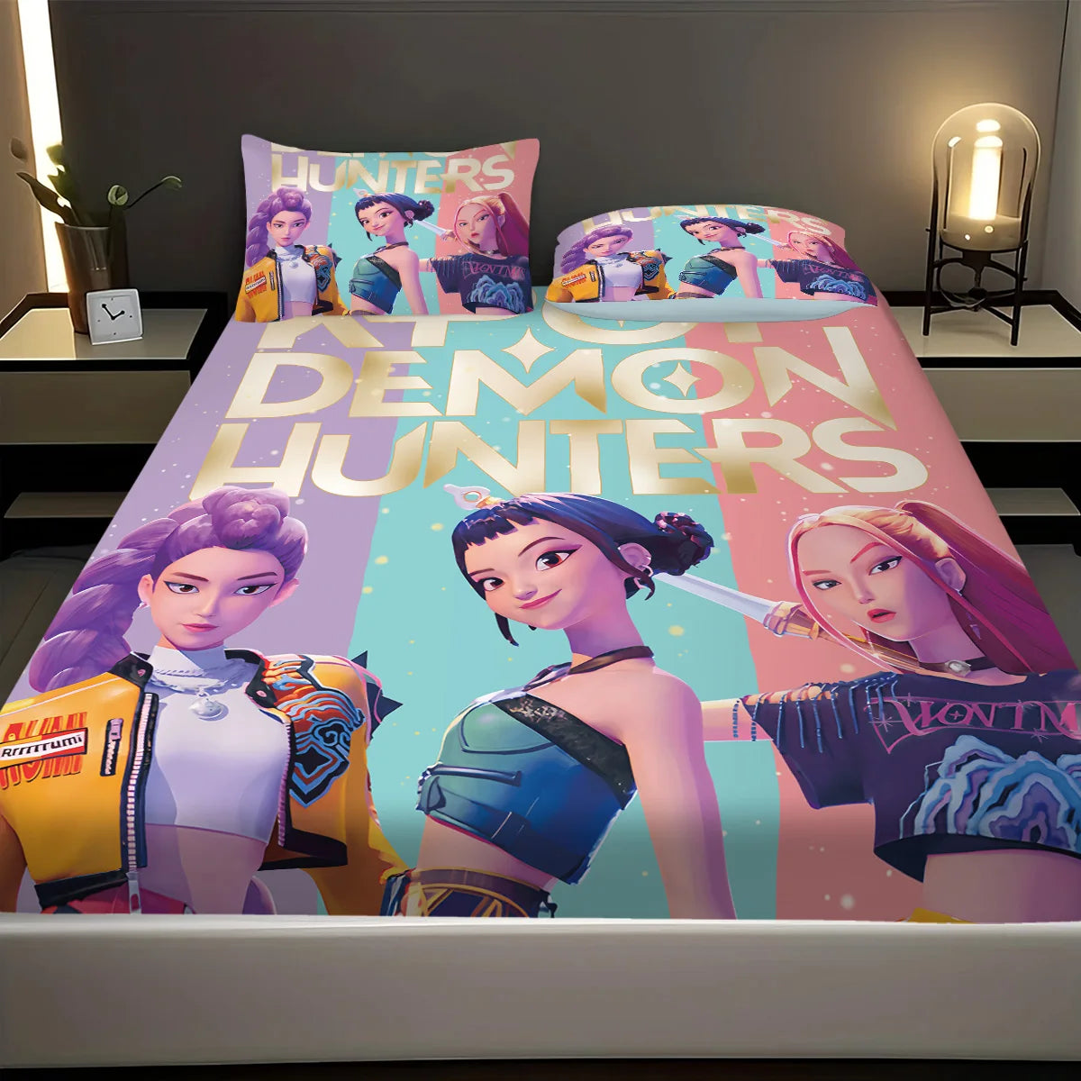 3-piece K-Pop Demon Hunters printed bedding set with polyester cotton fabric, machine washable, in multiple sizes.