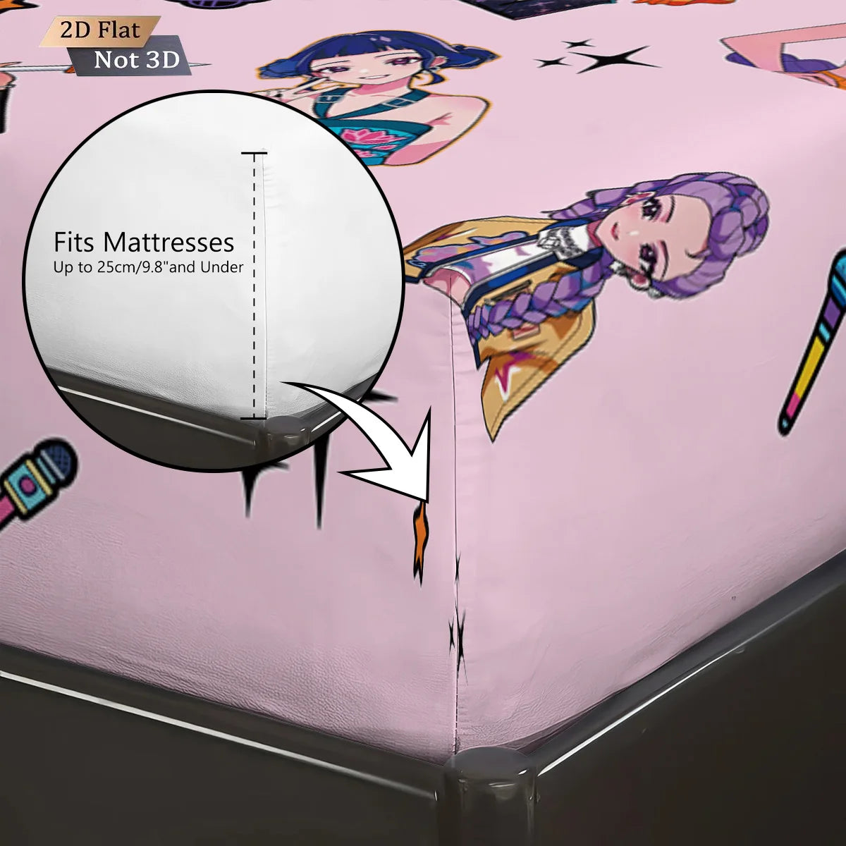 FanzyMarket 3-piece K-Pop Demon Hunters fitted sheet set with printed design, available in multiple sizes for dorms and bedrooms.