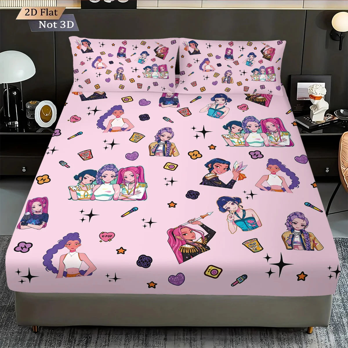 FanzyMarket 3-piece K-Pop Demon Hunters fitted sheet set with printed design, available in multiple sizes, machine washable for dorms and bedrooms.