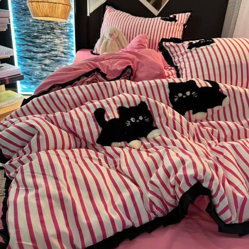 FanzyMarket Korean style green stripe black cat embroidered polyester duvet cover set with washed effect, 4-piece cute cartoon bedding.