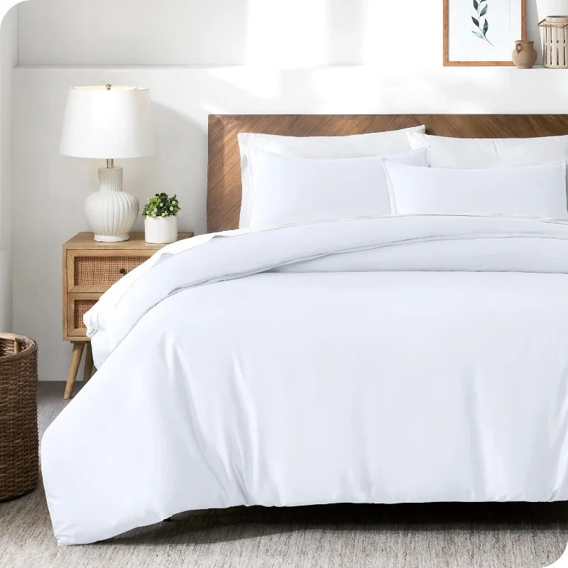 FanzyMarket 3-piece lyocell bamboo duvet cover set in white, cooling and silky soft bedding for full, queen, or king size beds.
