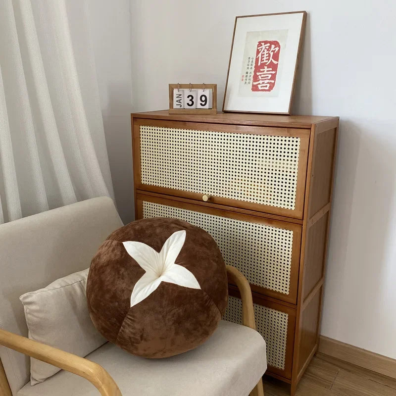 FanzyMarket plush round seat cushion featuring colorful tomato, mushroom, persimmon, and vegetable designs for window seat or bedroom.
