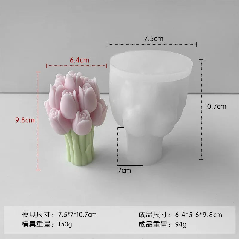 FanzyMarket 3D Tulip Bouquet silicone mold for candles, soap, resin, and cake decorating featuring lavender flower design.