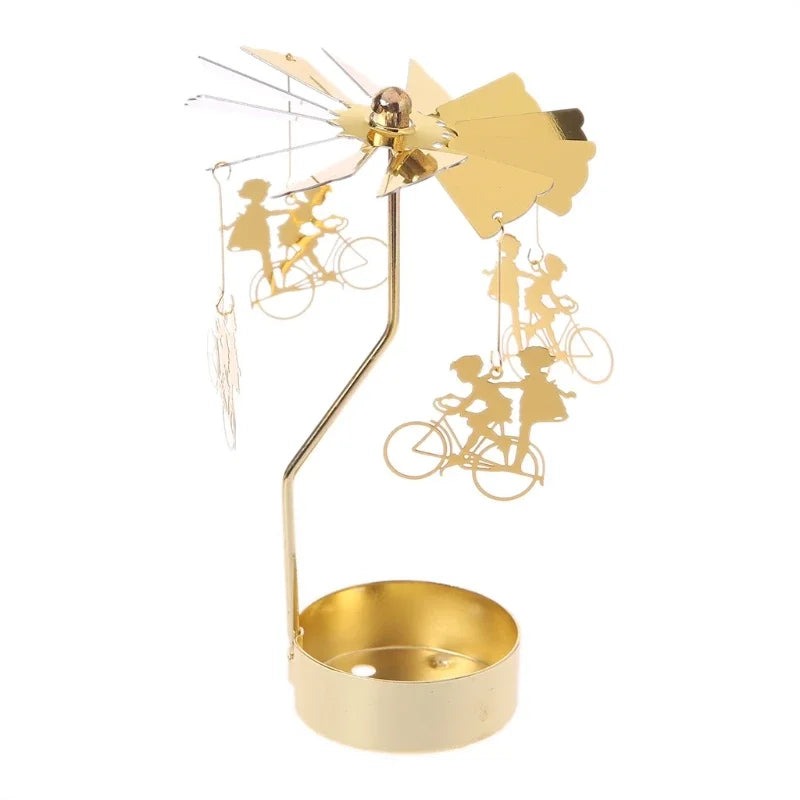 FanzyMarket gold metal rotating tealight candle holder, tabletop spinner for wedding or Christmas dinner decoration.