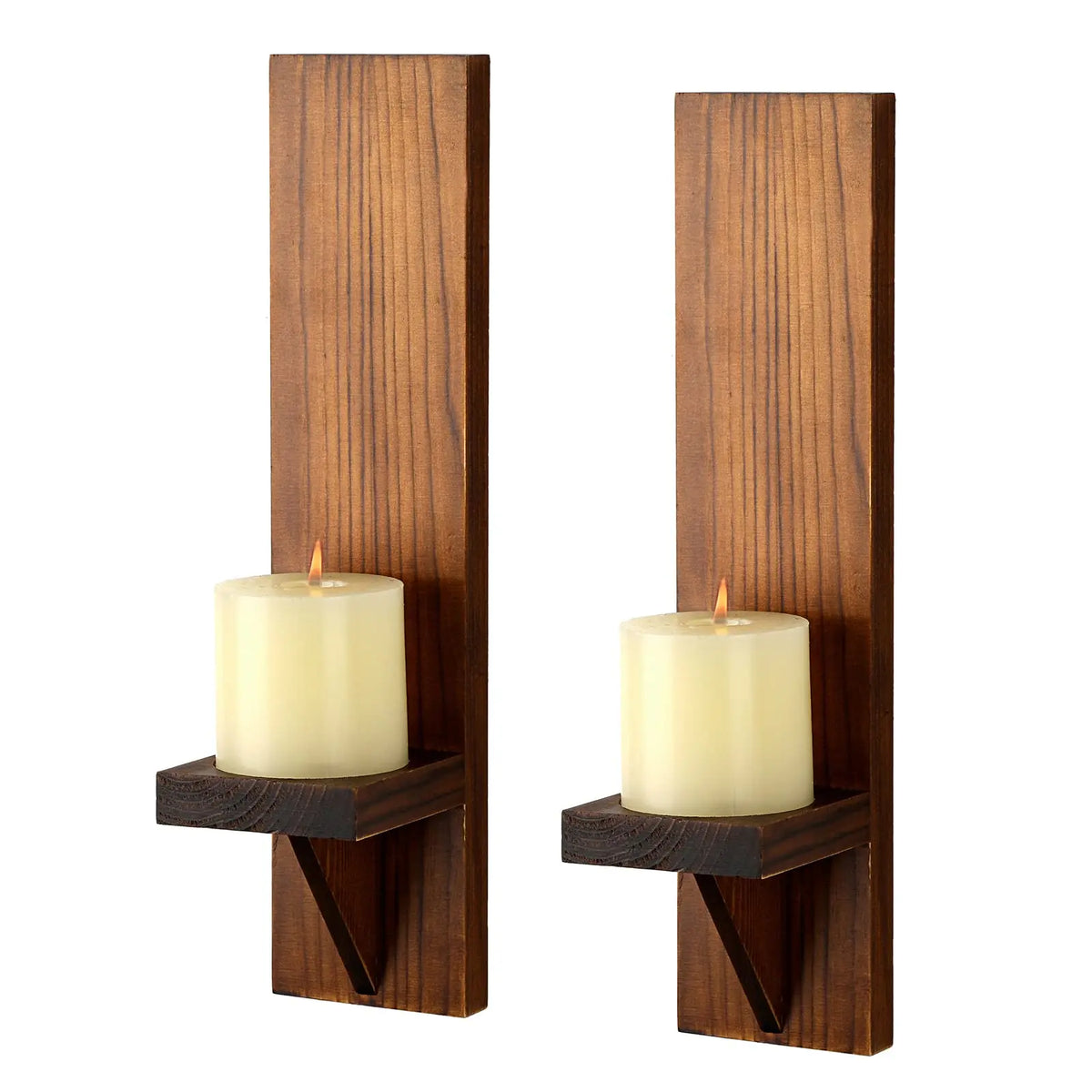 Set of 2 rustic wooden wall candle sconces with pillar holders, 15 inches tall, perfect for home decor and ambient lighting.