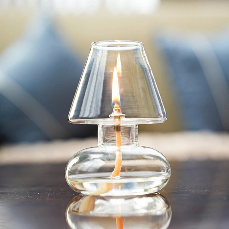 FanzyMarket hand-blown clear glass oil lamp lantern, windproof candle holder for home, wedding, and patio decor.