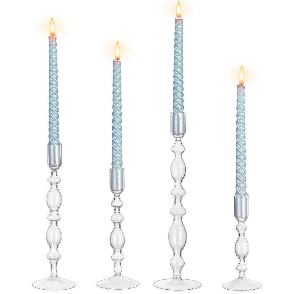 FanzyMarket 3-piece glass taper candle holders and flower vases set for wedding table centerpieces, elegant home decor.