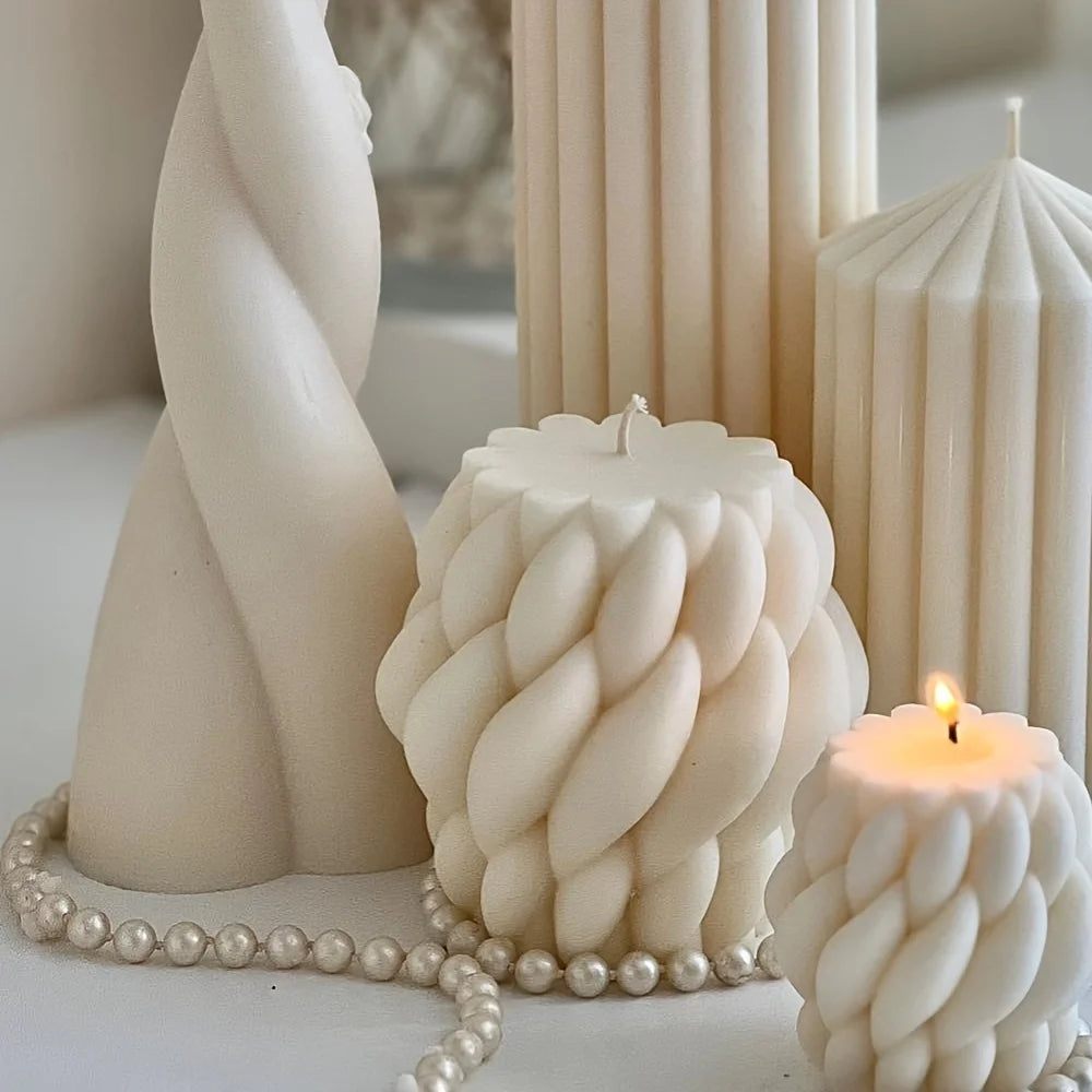 FanzyMarket geometric wave twisted silicone candle mold for DIY scented candles, featuring an abstract striped column design.