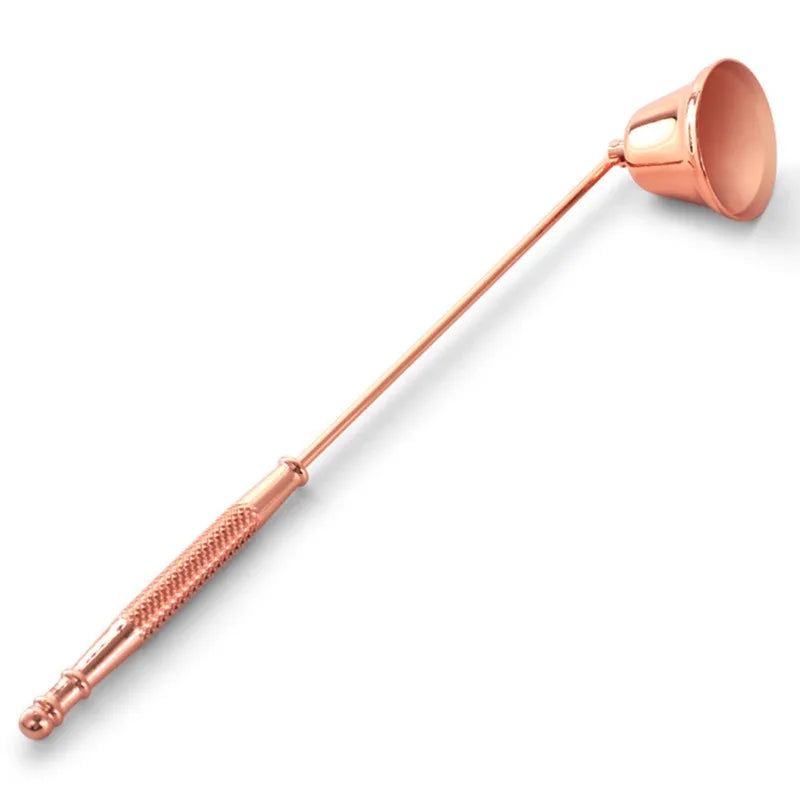 Elegant metal candle snuffer with long handle for extinguishing candles and wick snuffing, ideal for home decor and gift.