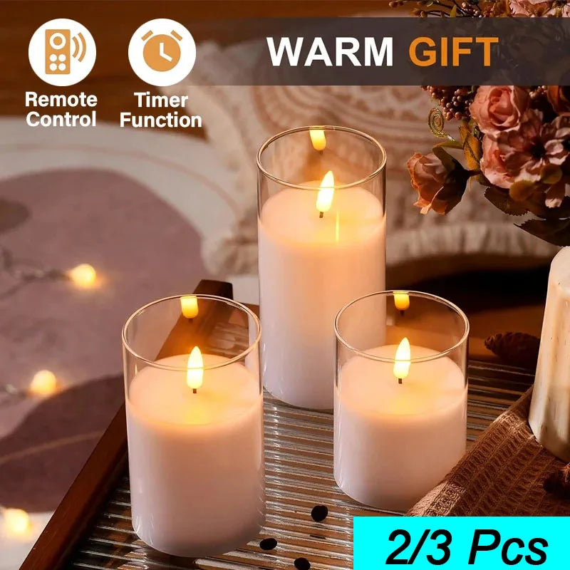 FanzyMarket 3-piece acrylic flameless LED candles with remote, flickering glow, clear glass effect for wedding, party, and Christmas decor