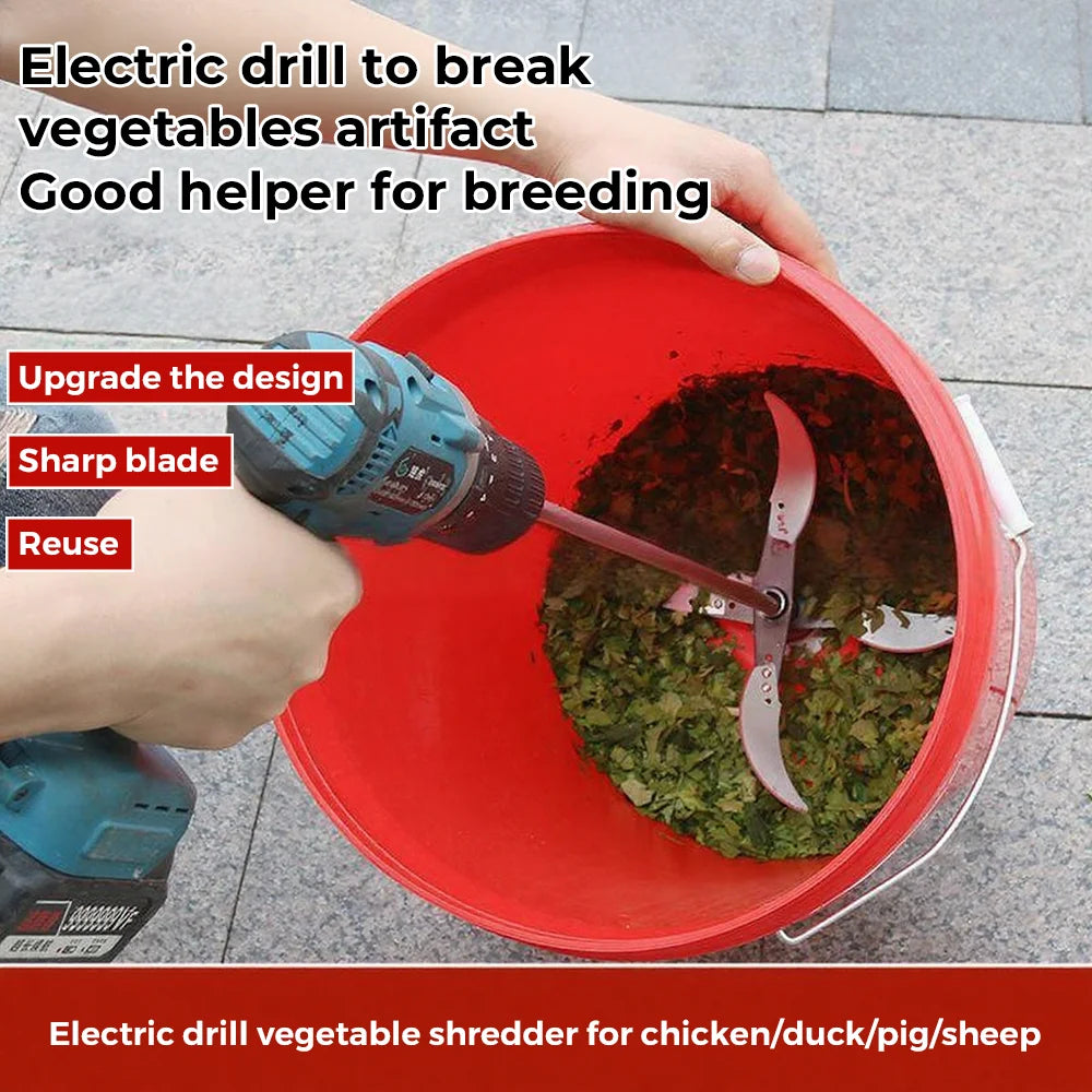 FanzyMarket drill-mounted fruit and vegetable crusher attachment with 4 and 6 blades for grinding grass and poultry feed.