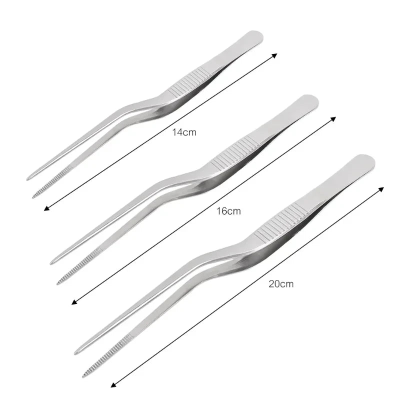 Stainless steel kitchen tweezers and BBQ tongs from FanzyMarket, portable food clips in 14, 16, or 20 cm sizes, ideal for grilling and cooking.