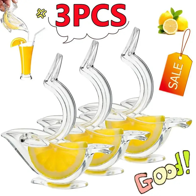 Mini bird-shaped citrus juicer from FanzyMarket, handheld lemon and orange squeezer in transparent acrylic, available in 1, 2, or 3-pack.
