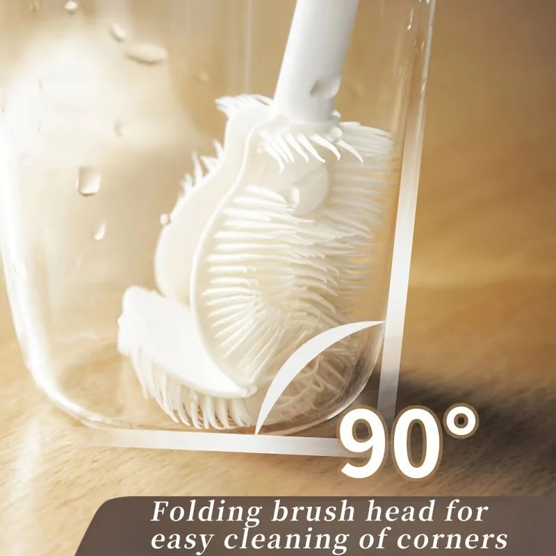 FanzyMarket foldable 360° silicone bottle and cup brush with long handle, reusable kitchen cleaning tool on a white background.