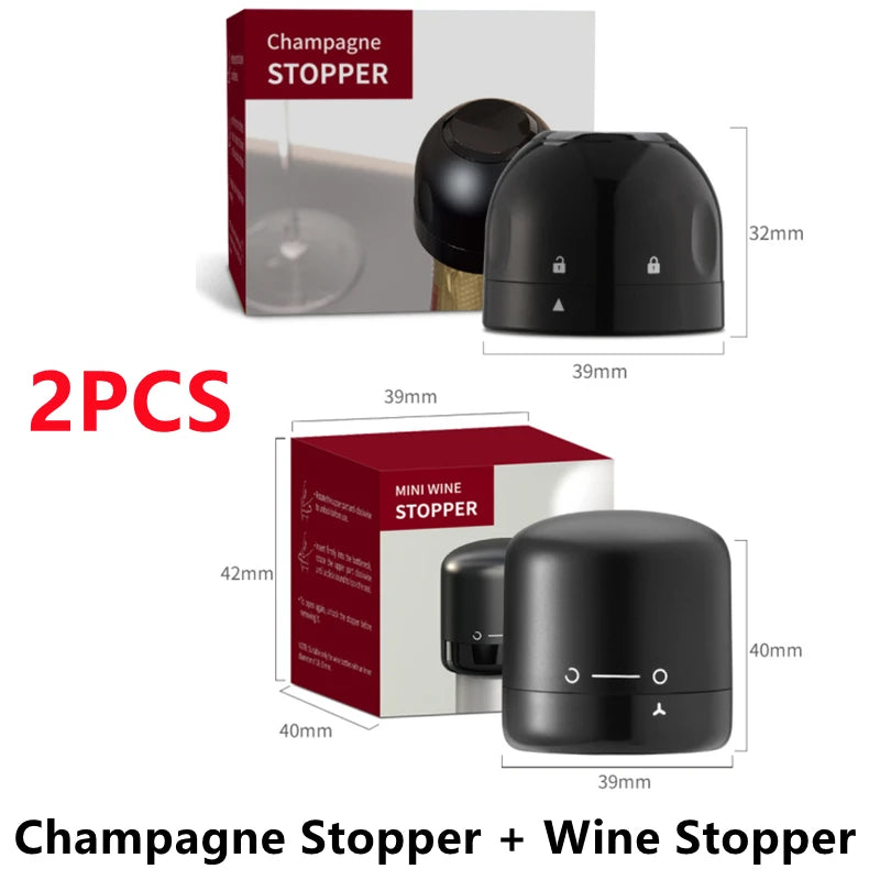 Two reusable silicone vacuum wine bottle stoppers with sealing rings for preserving champagne and wine, ideal for kitchen use.