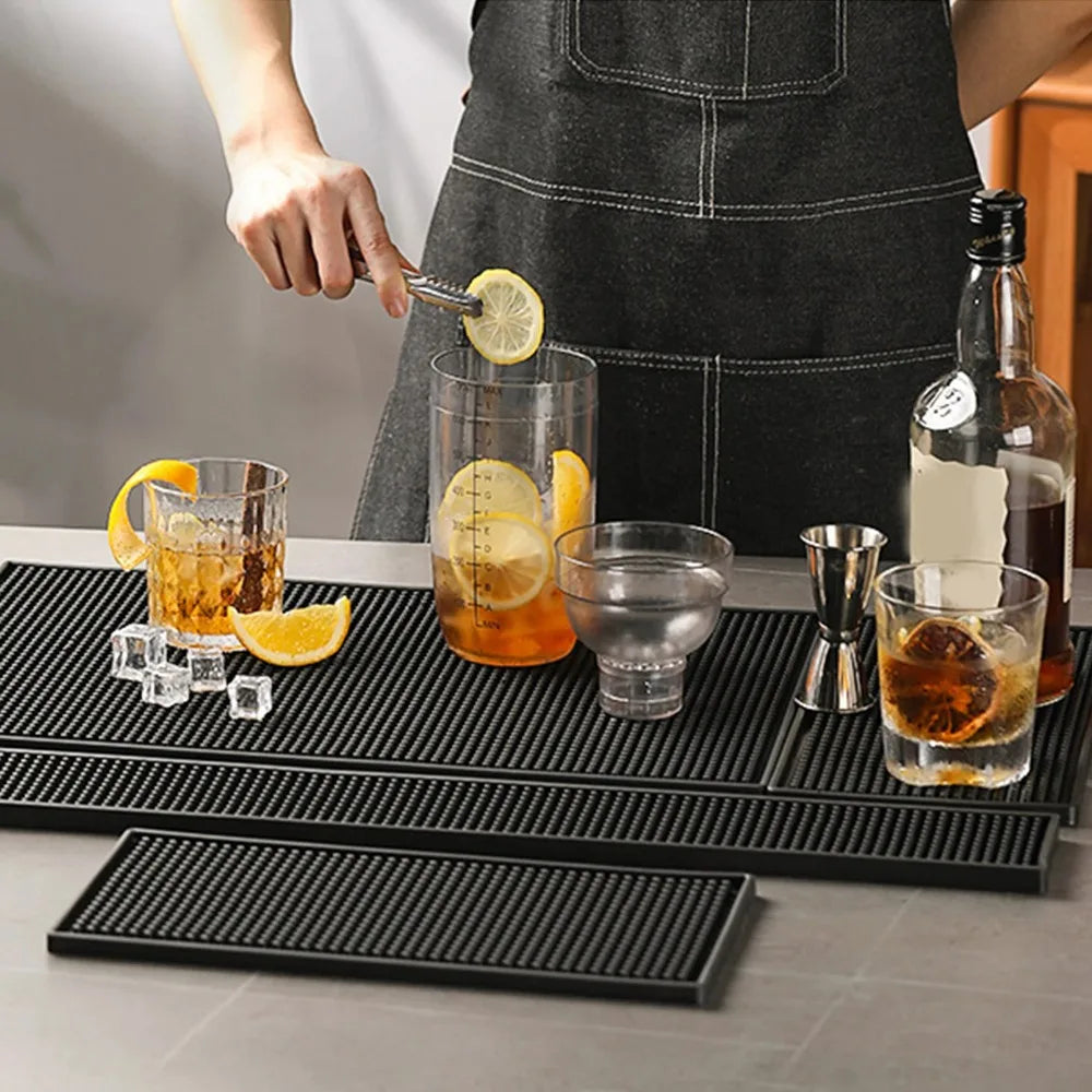 FanzyMarket PVC bar mat, non-slip heat-resistant countertop pad for bar, cafe, and home, available in 30x15 cm and 30x45 cm sizes.