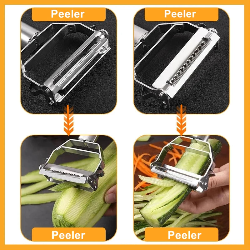 FanzyMarket stainless steel double-head vegetable peeler with multiple blades for fruits, vegetables, and melons in a kitchen setting.
