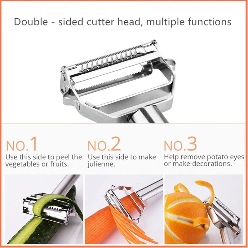 FanzyMarket stainless steel double-head vegetable peeler with multi-function design for fruits, vegetables, and melons.