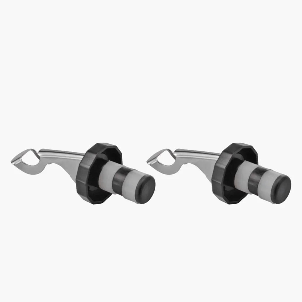 Set of five FanzyMarket stainless steel and silicone vacuum wine bottle stoppers in black and red for preserving wine and champagne.