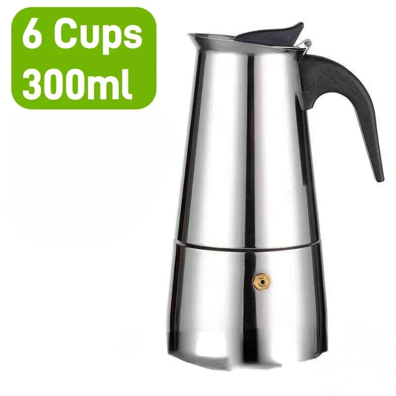 FanzyMarket 6-cup stainless steel Moka pot for stovetop espresso brewing, compatible with induction and gas stoves.