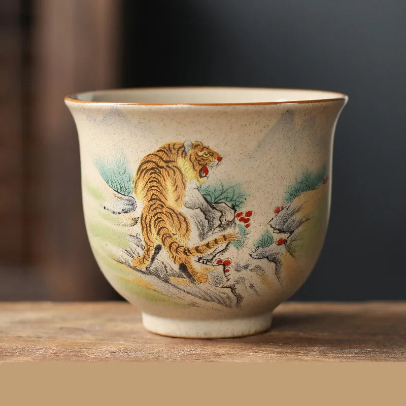 Handmade zodiac ceramic teacup by FanzyMarket, vintage pottery tea bowl for meditation and Gongfu tea, 110ml capacity.