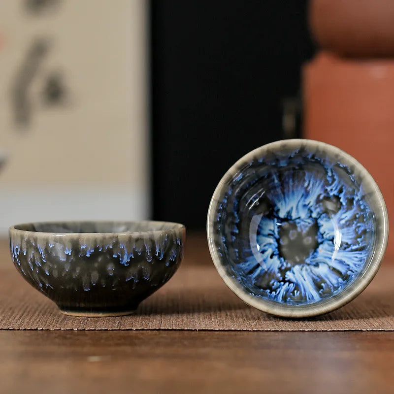 Satin blue ceramic tasting teacup by FanzyMarket, 45ml Jianzhan master cup for Gongfu tea, perfect for home and garden tea enjoyment.