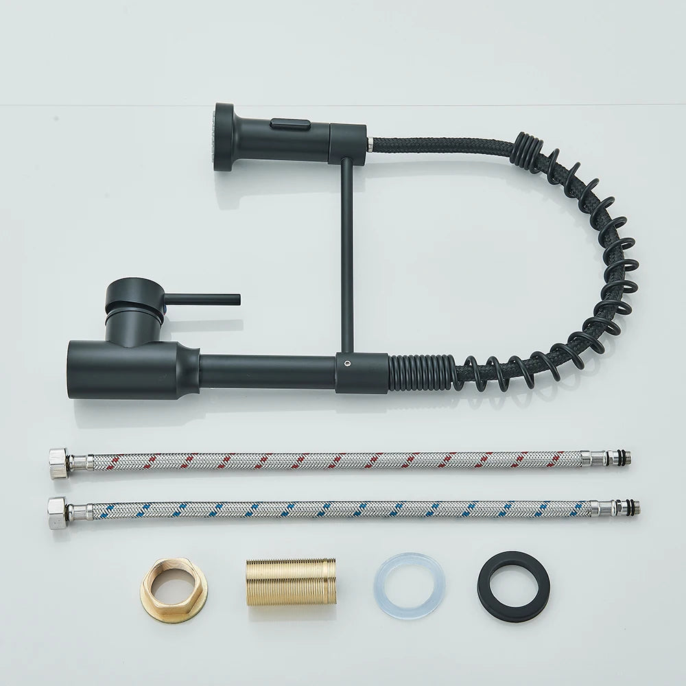 Chrome pull-down single-handle kitchen faucet with deck mount, hot and cold water, in matte black, brushed nickel, and chrome finishes.