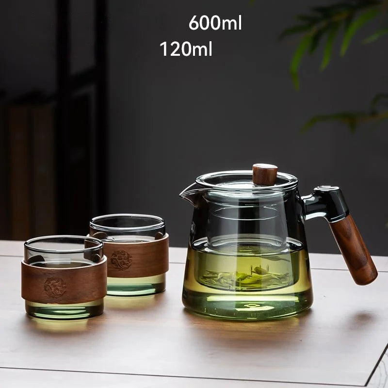 Clear borosilicate glass teapot with 120ml teacups, perfect for loose leaf and flower teas, by FanzyMarket.