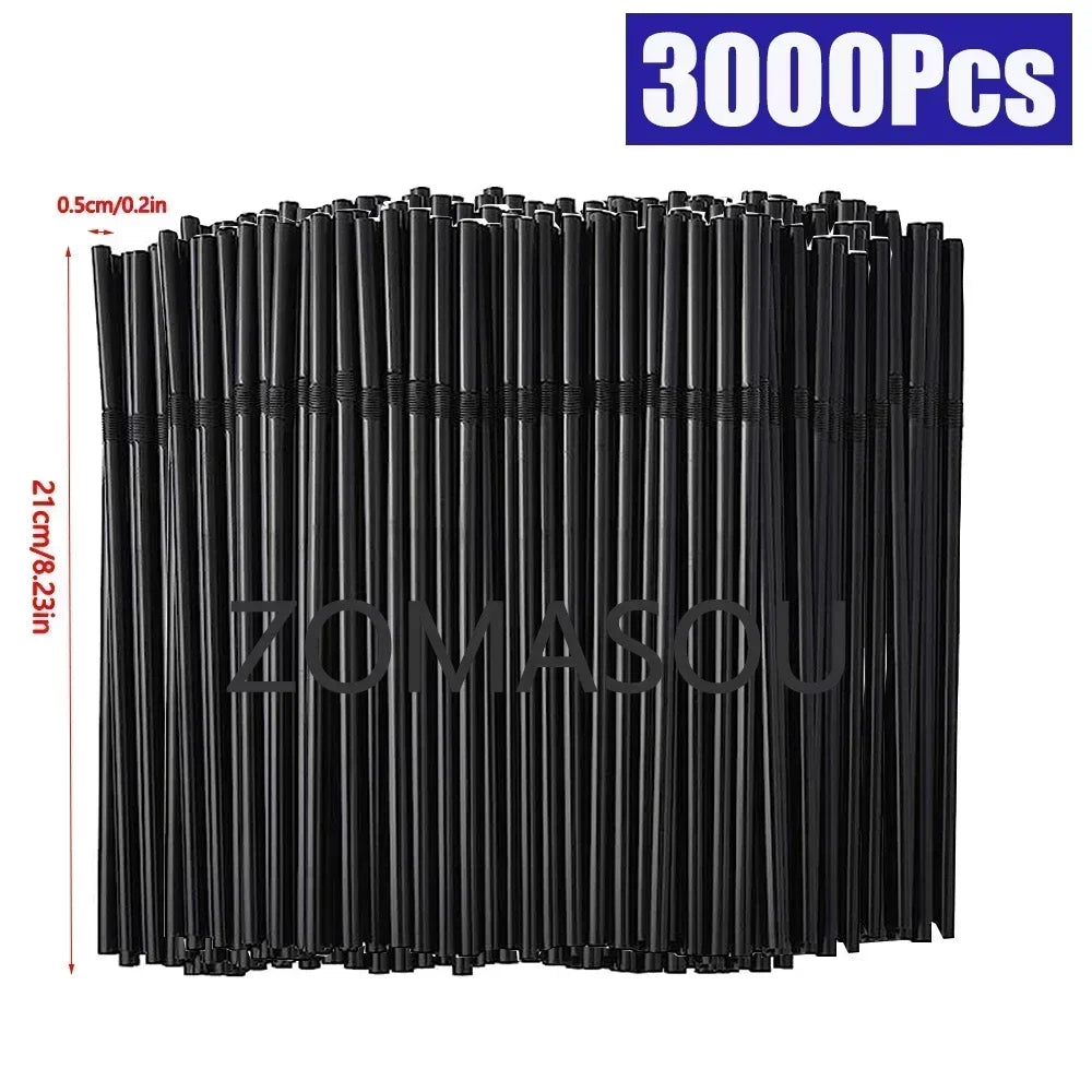 Set of multicolor flexible plastic reusable drinking straws for cocktails and boba, 8.3 inches long, in packs of 50 to 6000.
