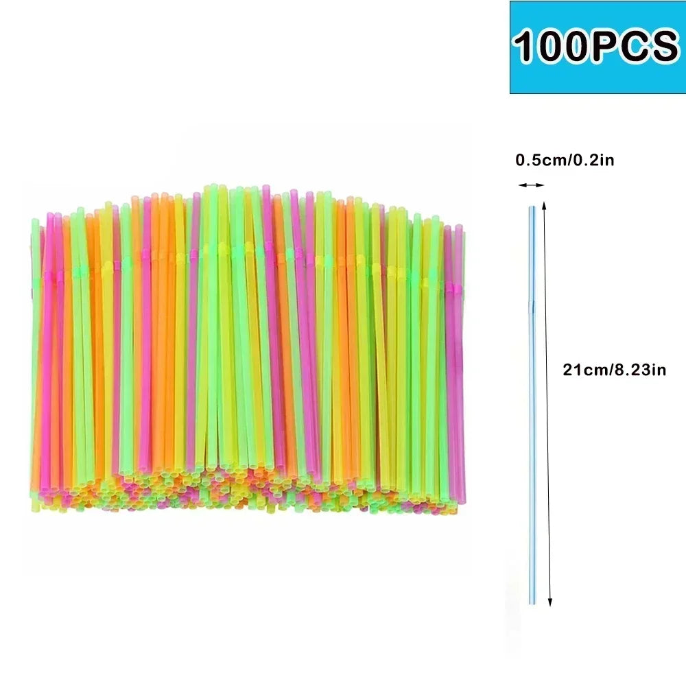 Set of multicolor flexible plastic drinking straws for cocktails and boba, 8.3 inches long, reusable and ideal for parties and weddings.