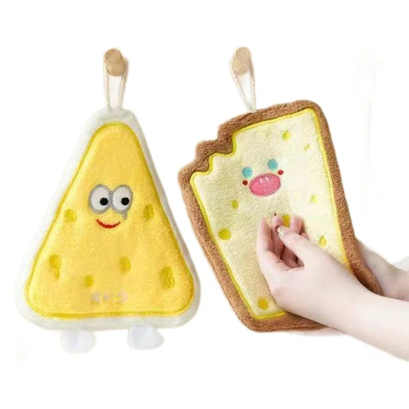 Cute food-shaped coral velvet hand towel featuring cheese, toast, cookie, and donut designs, perfect for kitchen or bathroom use.