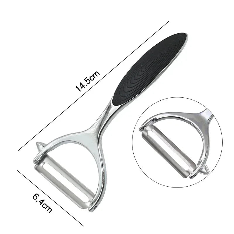 FanzyMarket stainless steel vegetable peeler with julienne, serrated, and straight blades for potatoes, carrots, and fruit.