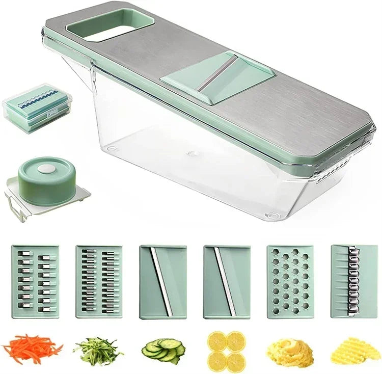 FanzyMarket 6-in-1 veggie slicer mandoline with stainless steel blades for slicing, julienne, and shredding in kitchen and dining.