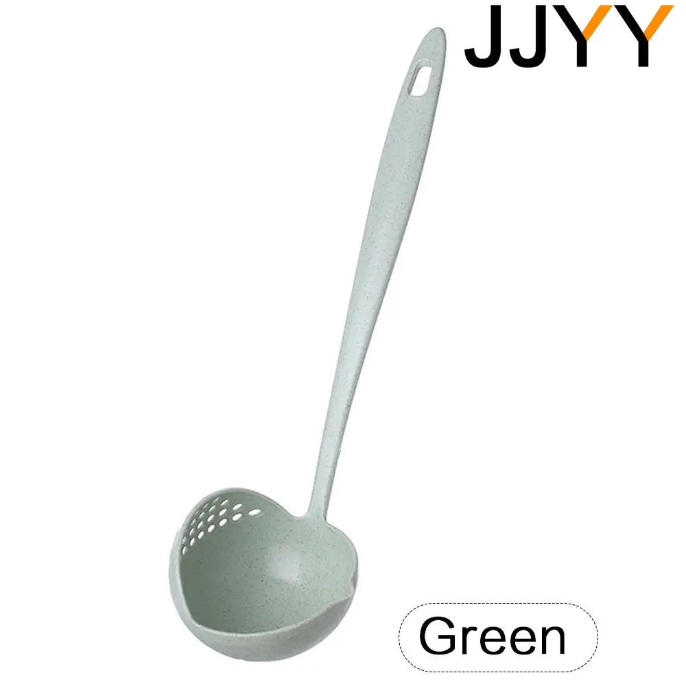 Pink 2-in-1 long handle slotted spoon strainer for hot pot and kitchen, made of durable plastic, by FanzyMarket.