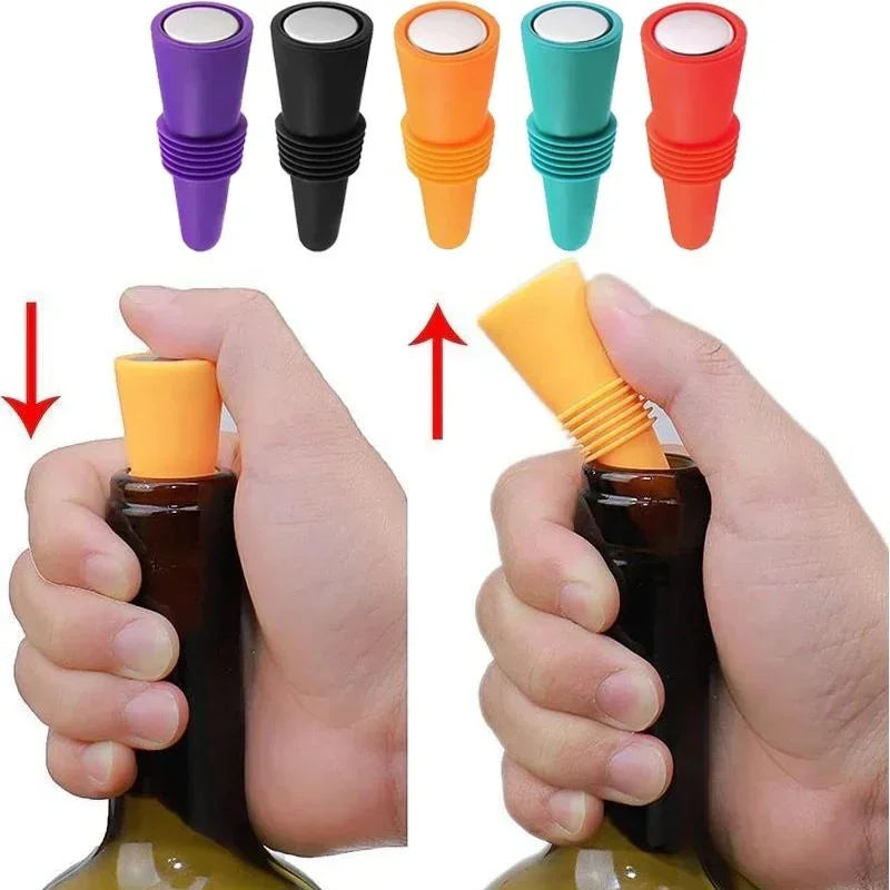 Reusable silicone wine bottle stopper by FanzyMarket, leak-proof champagne and beverage sealer fitting securely on bottles.